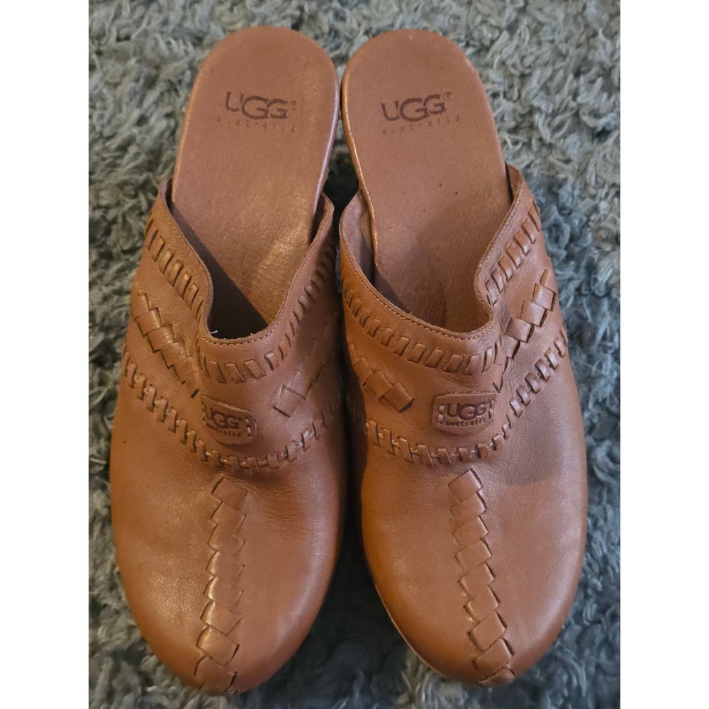 UGG Australia Tan Leather Woven Whipstitch Studded Wooden Clogs Mules Heels